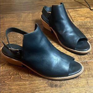 Patina By Portland Black Leather Peep Toe Slingback Mules, size 9.5